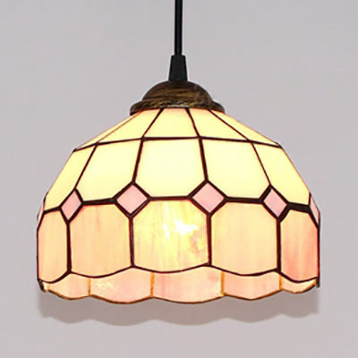 Hemisphere Pendant Light 1 Bulb Pink/Blue/Orange Stained Glass Tiffany-Style Ceiling Suspension Lamp