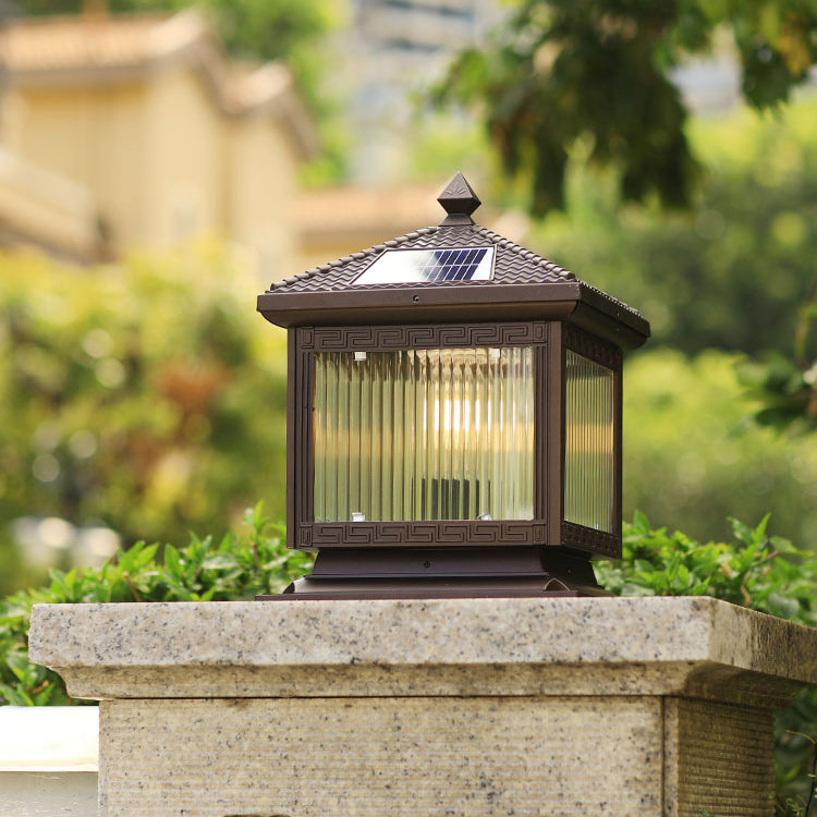 Rectangular Shape Metal Solar Pillar Lamp Modern Style 1 Light Outdoor Lights in Brown