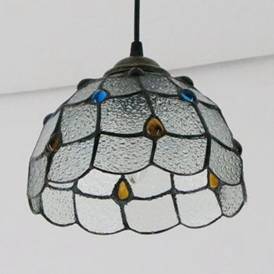 Wide Flare White/Blue/Textured White Handcrafted Art Glass Ceiling Light Tiffany-Style 1 Head Suspended Lighting Fixture