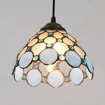 Wide Flare White/Blue/Textured White Handcrafted Art Glass Ceiling Light Tiffany-Style 1 Head Suspended Lighting Fixture