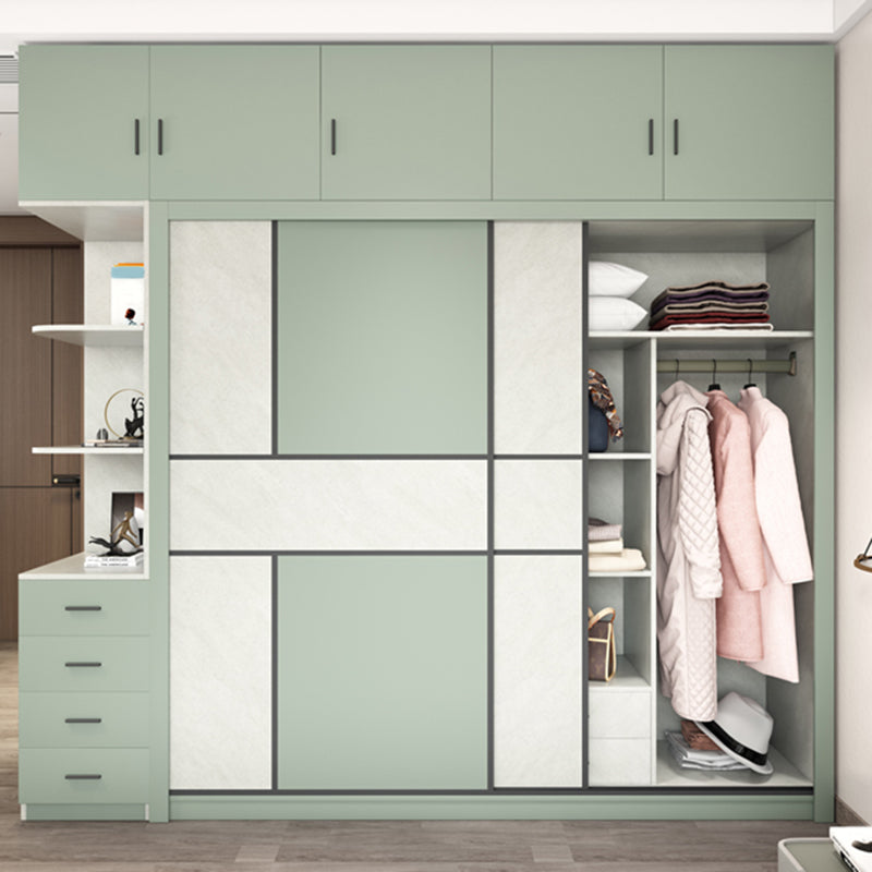 Green and White Bedroom Storage Cabinet Modern Sliding Door Cabinet with Drawers