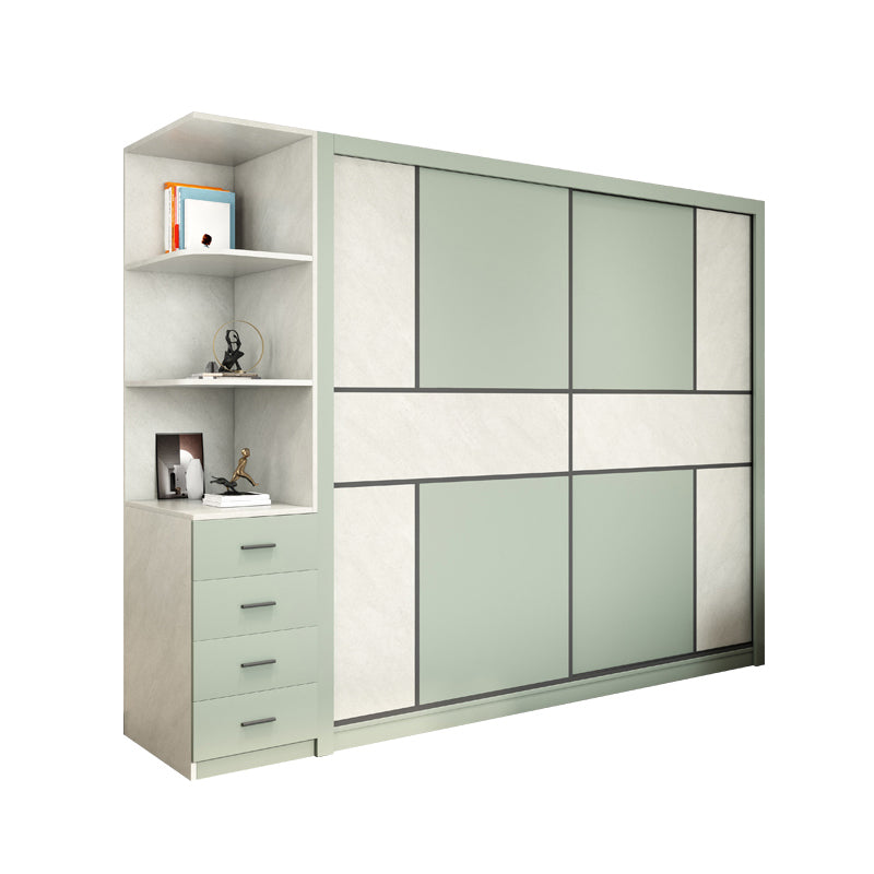 Green and White Bedroom Storage Cabinet Modern Sliding Door Cabinet with Drawers