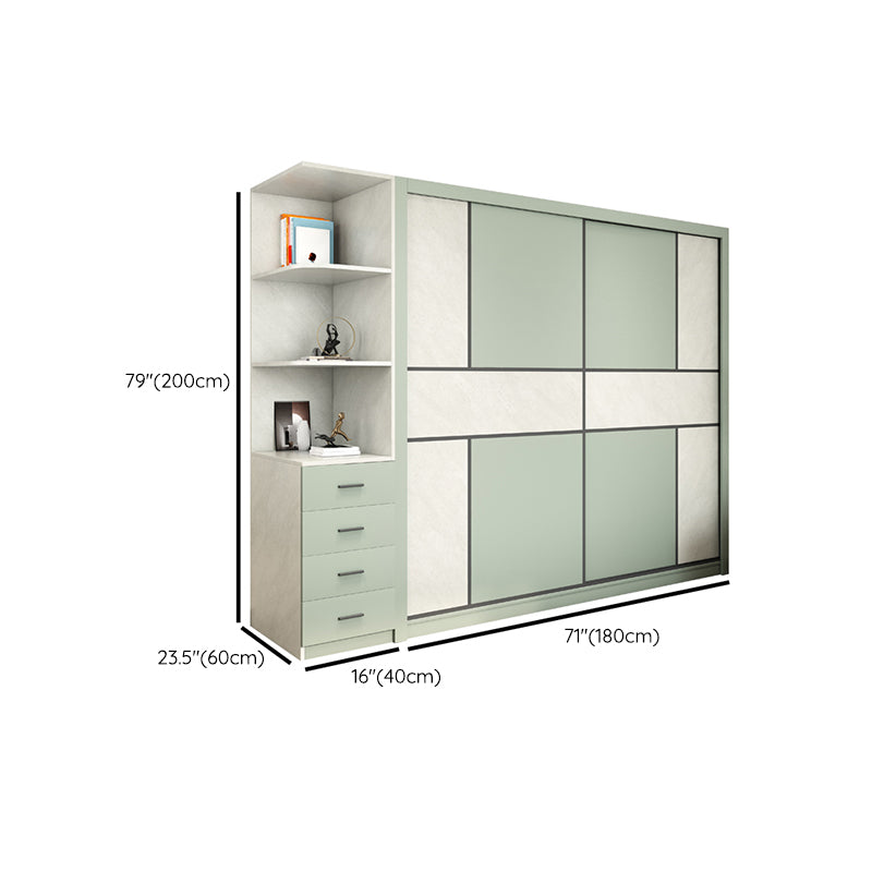Green and White Bedroom Storage Cabinet Modern Sliding Door Cabinet with Drawers