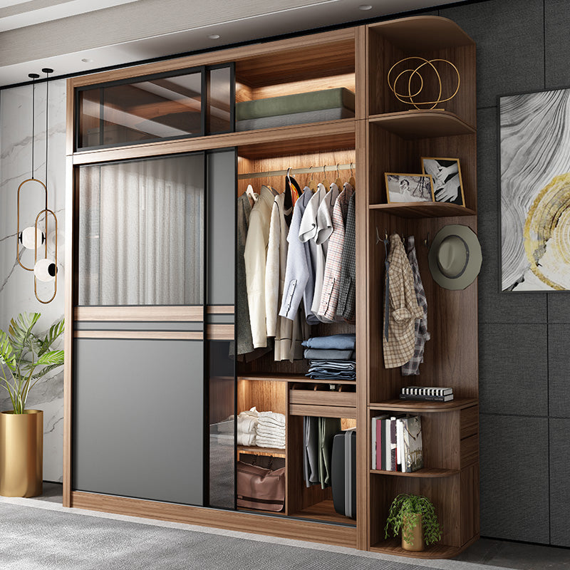 Brown and Gray Storage Cabinet Modern Sliding Door Cabinet with Drawers