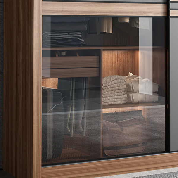 Brown and Gray Storage Cabinet Modern Sliding Door Cabinet with Drawers