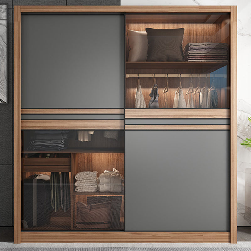 Brown and Gray Storage Cabinet Modern Sliding Door Cabinet with Drawers
