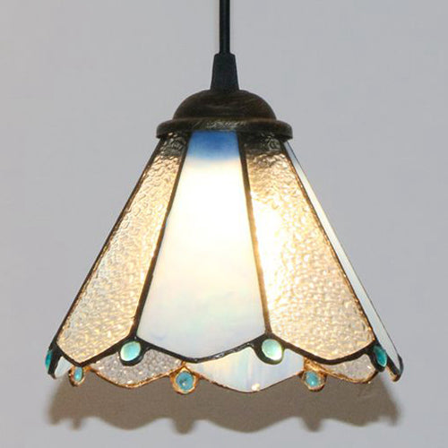 Tiffany Conical Hanging Light 1 Bulb Blue/Clear/Blue-Clear Cut Glass Ceiling Suspension Lamp for Dining Room