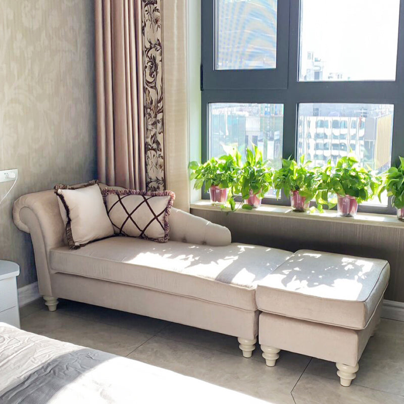French Country Tufted Chaise Lounge Chenille Chaise with Rolled Arms for Bedroom