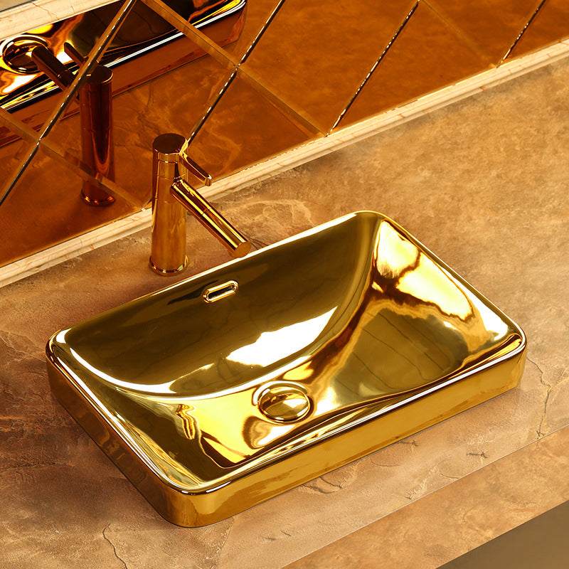 Modern Basin Sink Metal Rectangular with Overflow and Faucet Vessel Bathroom Sink