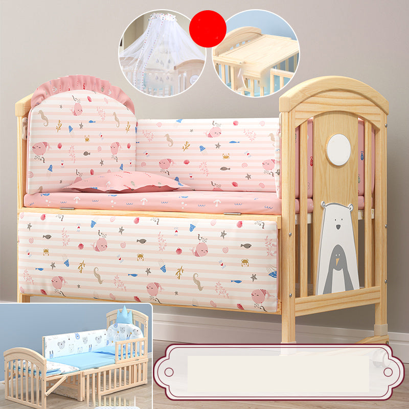 Modern Baby Crib with Guardrail with Casters/Wheels Washed Natural Nursery Bed
