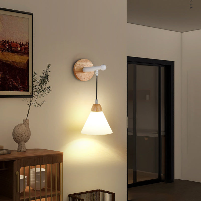 Japanese Style Wooden Wall Light Cone Shape Adjustable Wall Lamp for Living Room