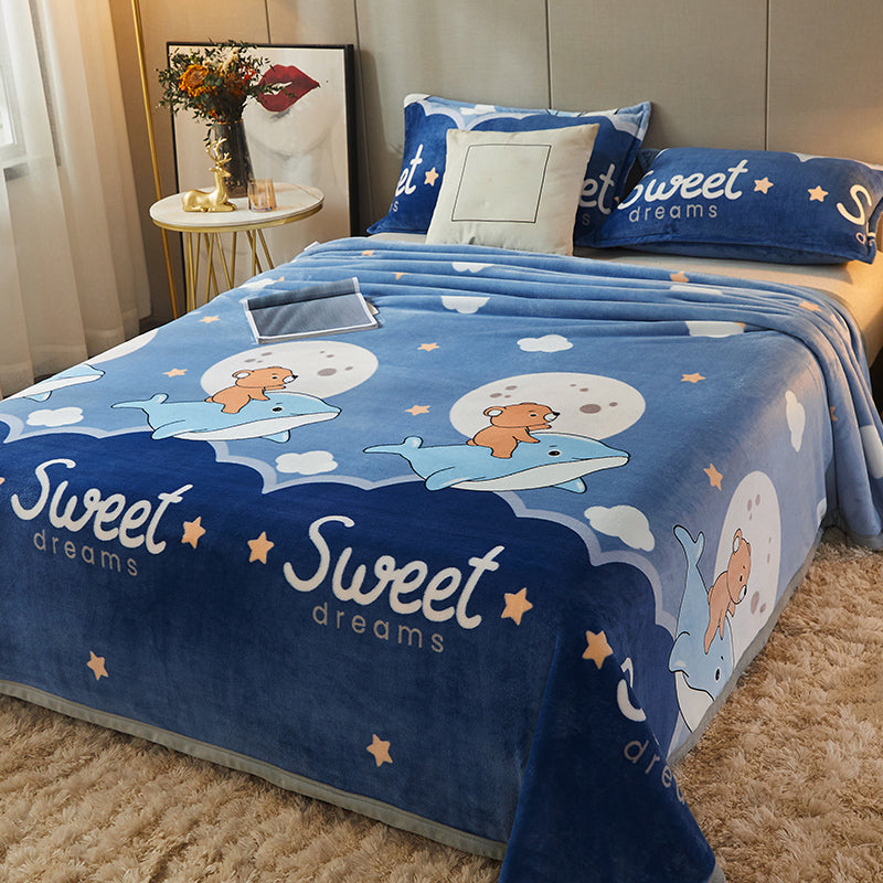 Non-Pilling Sheet Cartoon Painting Flannel Breathable Soft Fade Resistant Bed Sheet