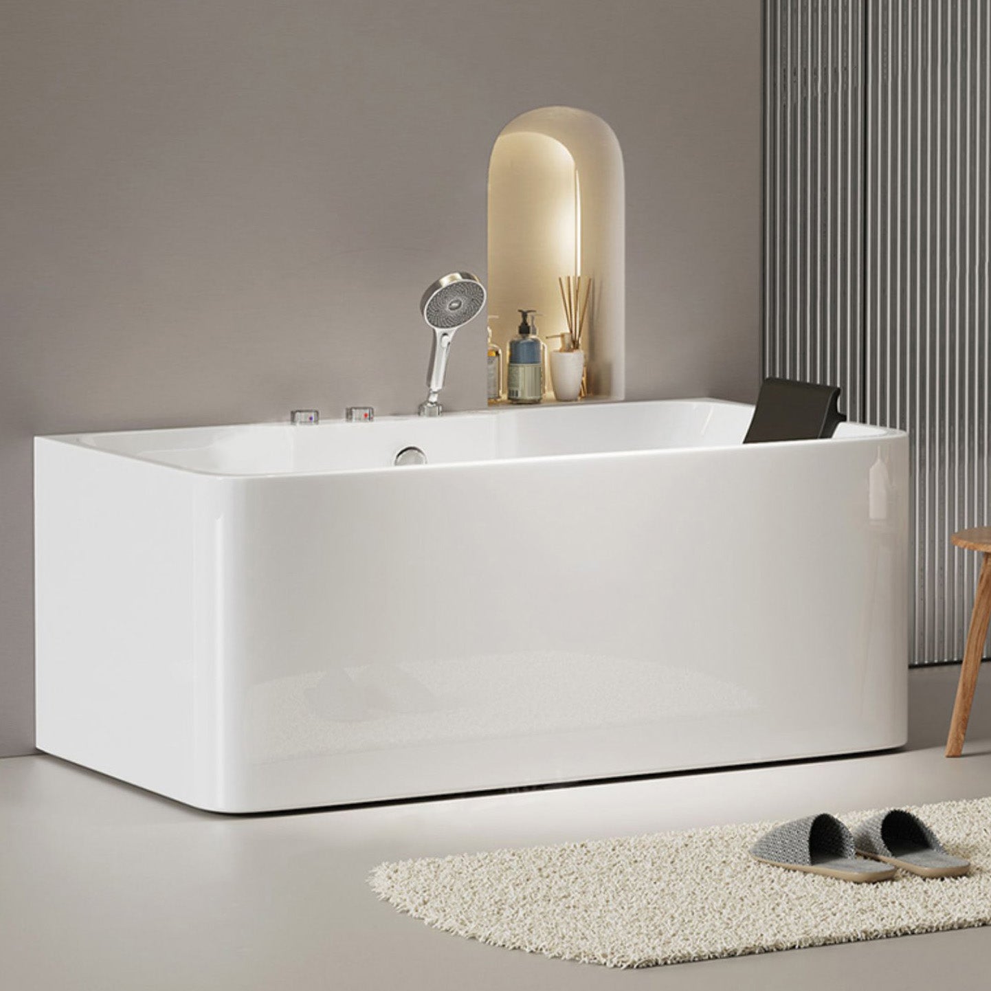 White Rectangular Bath Freestanding Acrylic Back to Wall Bathtub