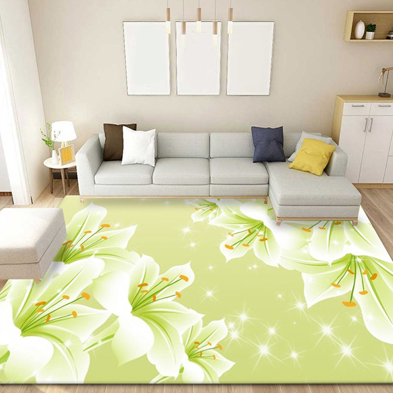 Green Modern Rug Flowers Polyester Indoor Rug Stain Resistant Rug for Living Room