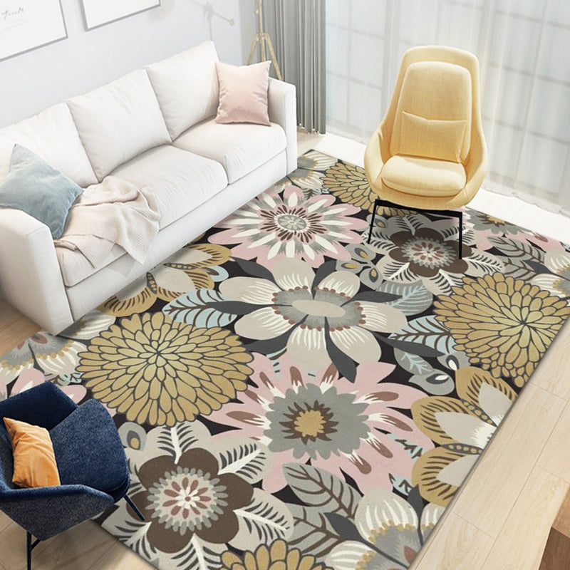 Green Modern Rug Flowers Polyester Indoor Rug Stain Resistant Rug for Living Room