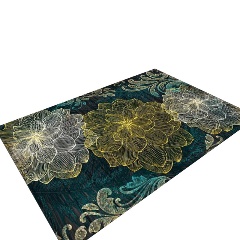 Green Modern Rug Flowers Polyester Indoor Rug Stain Resistant Rug for Living Room