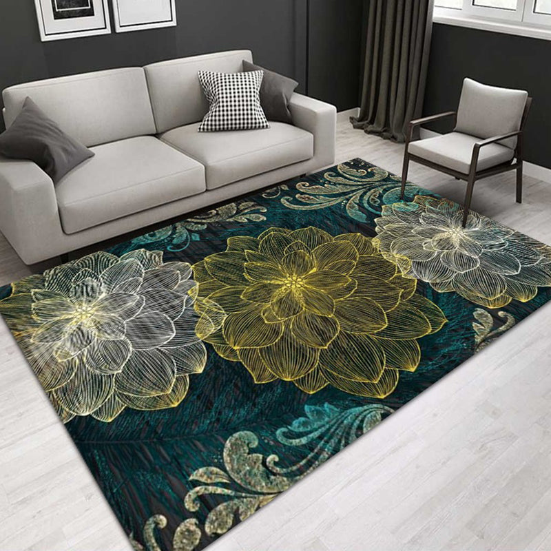 Green Modern Rug Flowers Polyester Indoor Rug Stain Resistant Rug for Living Room
