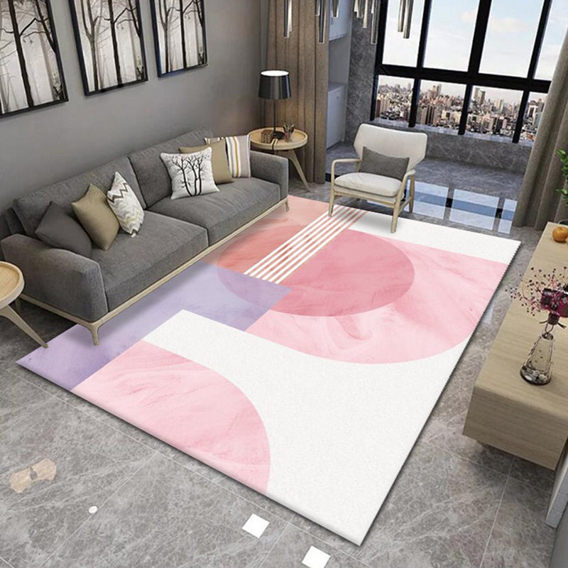 Nordic Pink Rug Contrast Color Polyester Area Rug Washable Rug for Living Room