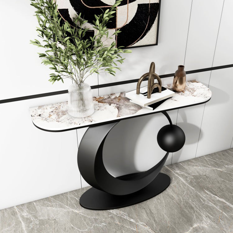 Half Moon Contemporary Console Accent Table Antique Finish Console Sofa Table in Stone