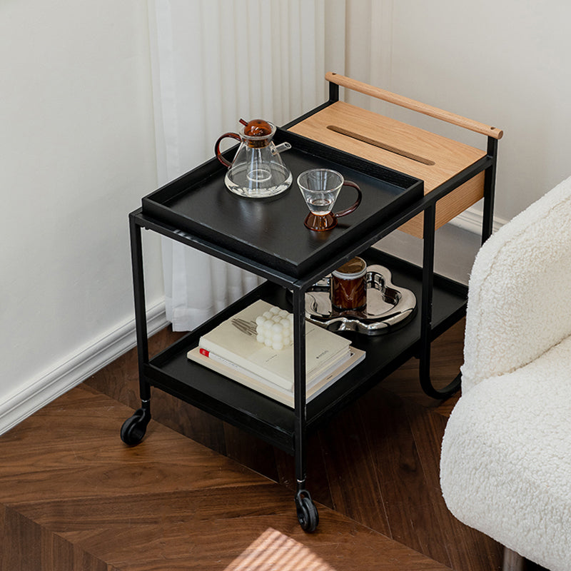 Modernistic Double Tier Accent Side Table Solid Wood Black Rectangular Corner Table