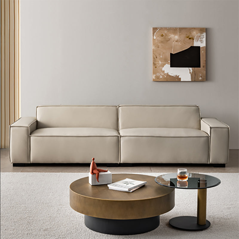 Contemporary White Cushions Square Arm Living Room Genuine Leather Seating