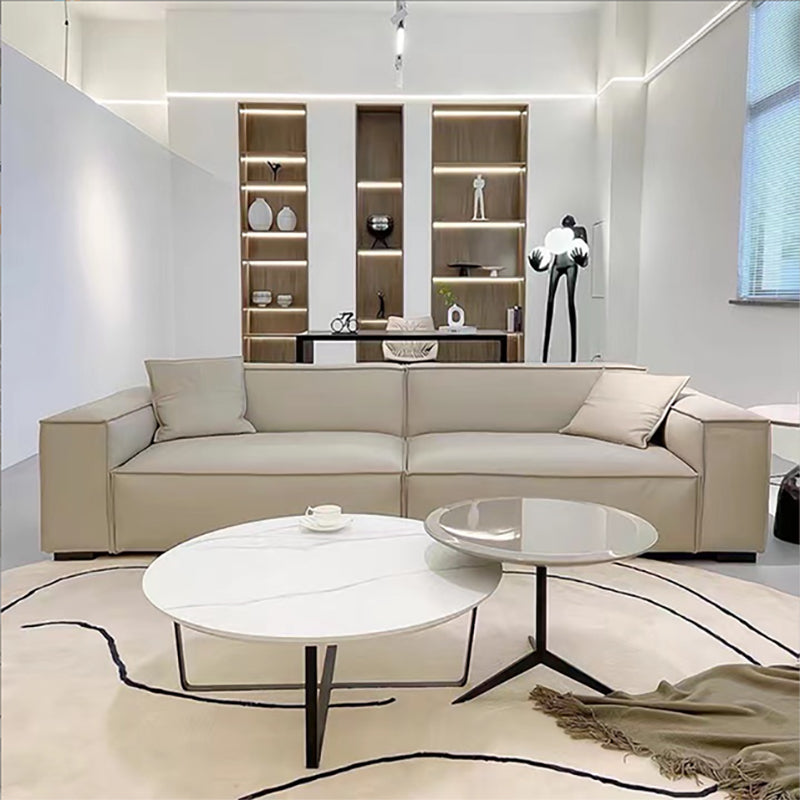Contemporary White Cushions Square Arm Living Room Genuine Leather Seating