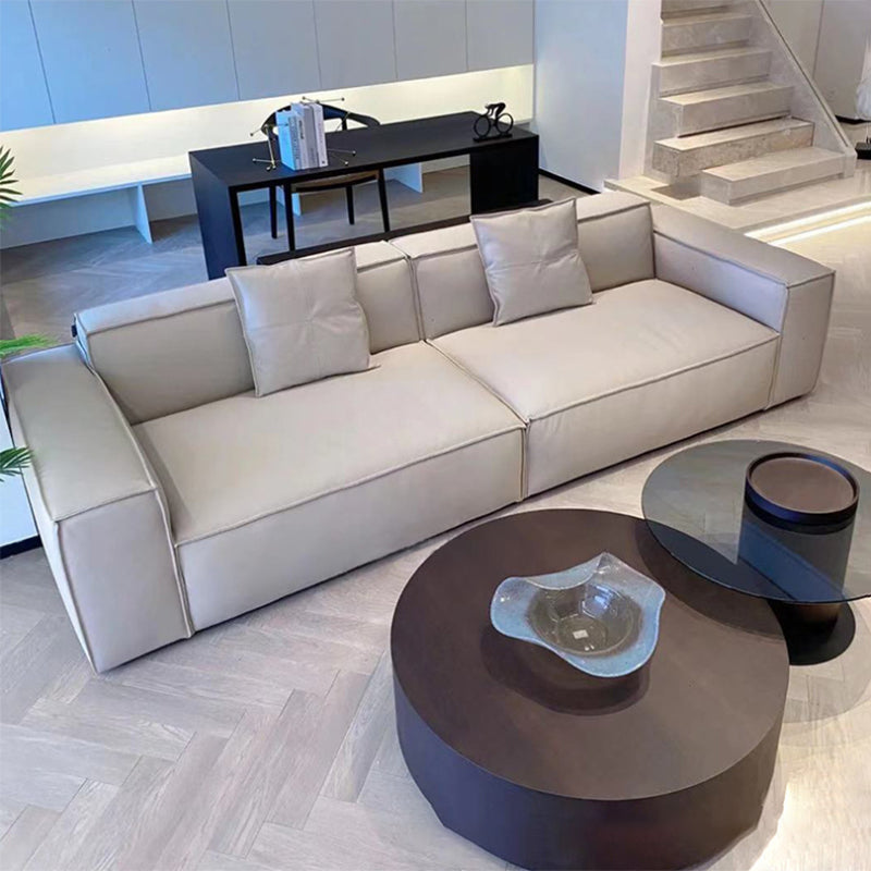 Contemporary White Cushions Square Arm Living Room Genuine Leather Seating