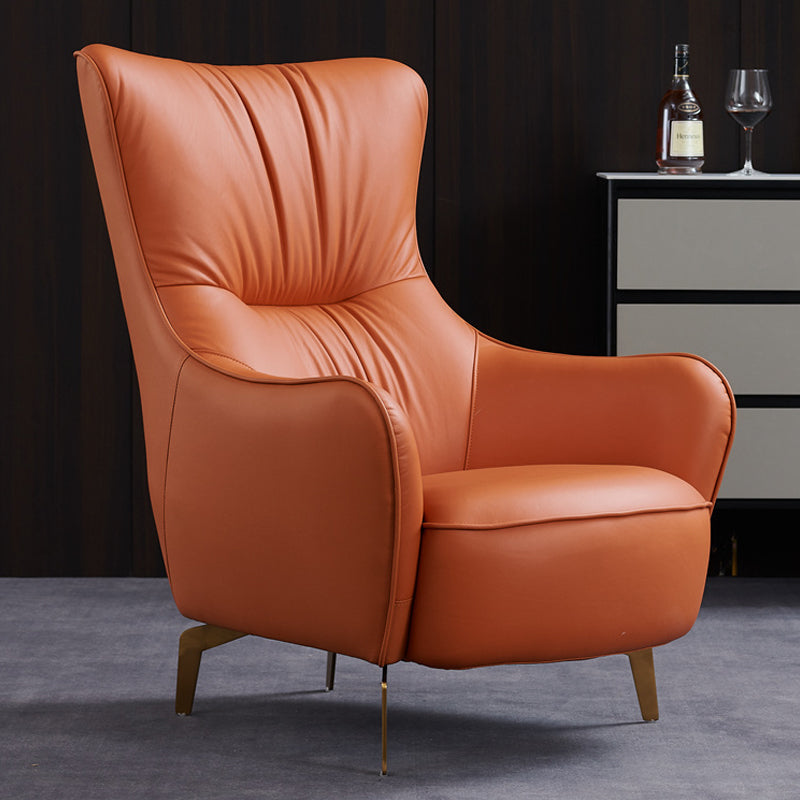 Modern Fixed Back Chair Solid Color Upholstered Genuine Leather ArmChair