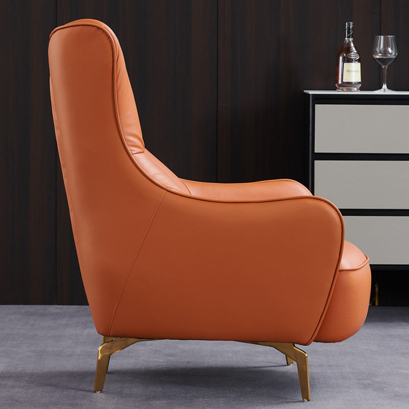 Modern Fixed Back Chair Solid Color Upholstered Genuine Leather ArmChair