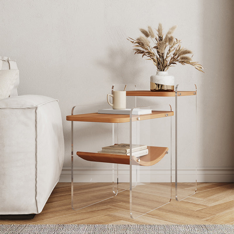 Wood and Acrylic Side End Table Double Tier Table with Shelf for Living Room