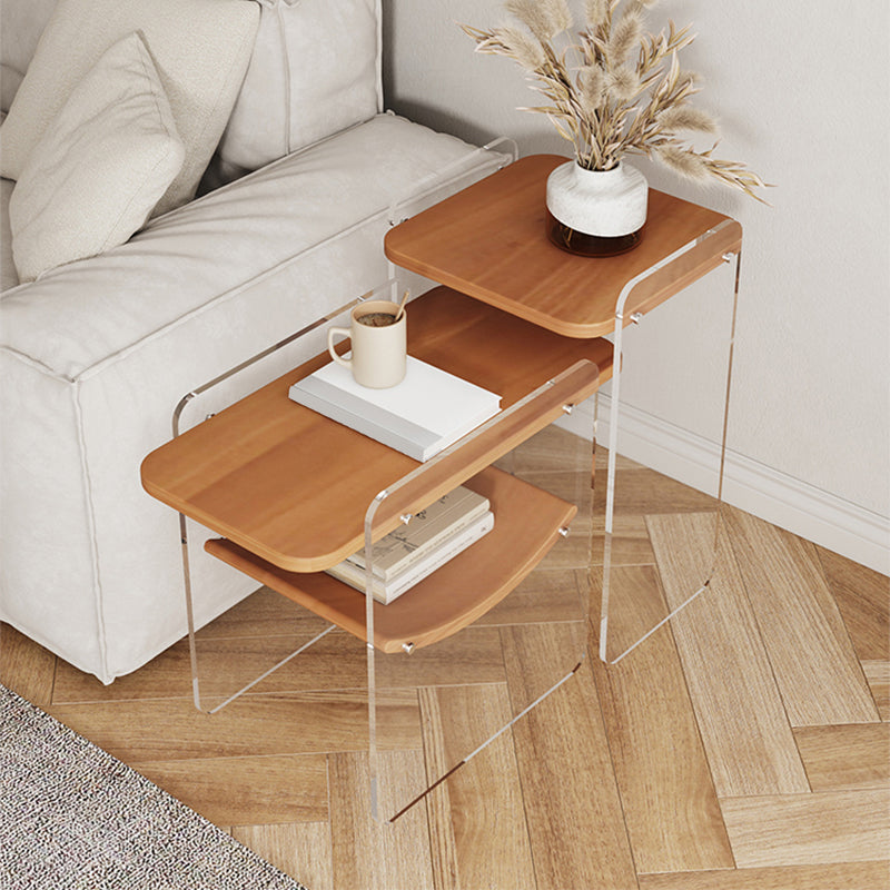 Wood and Acrylic Side End Table Double Tier Table with Shelf for Living Room