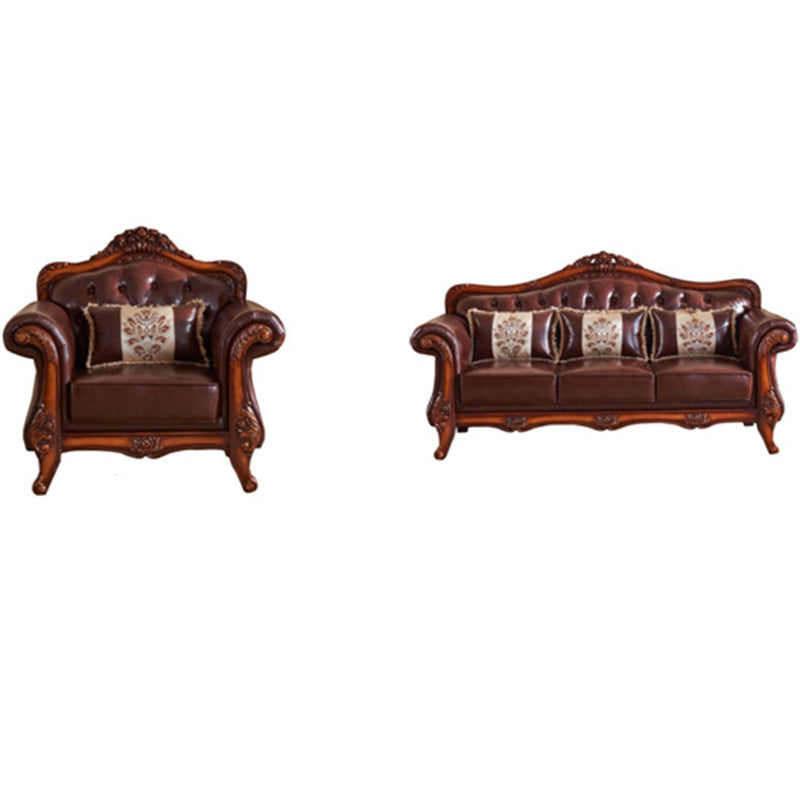 Genuine Leather  Sofa Tufted Split-Back Rolled Arm Sofa in Brown