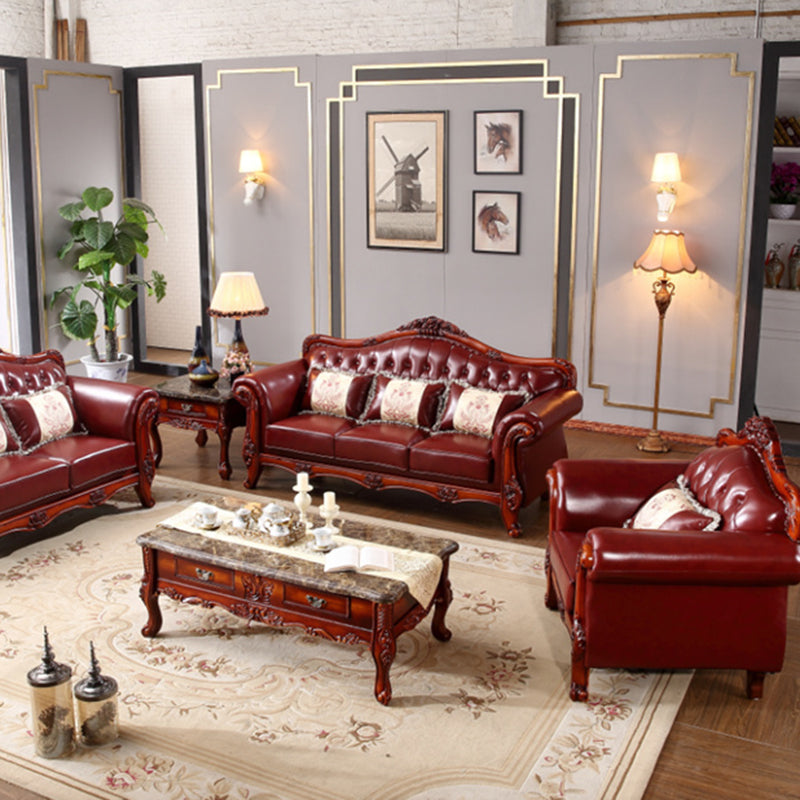 Genuine Leather  Sofa Tufted Split-Back Rolled Arm Sofa in Brown
