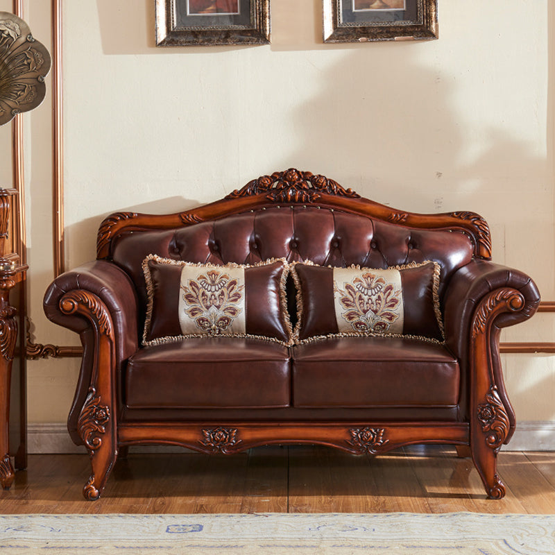 Genuine Leather  Sofa Tufted Split-Back Rolled Arm Sofa in Brown