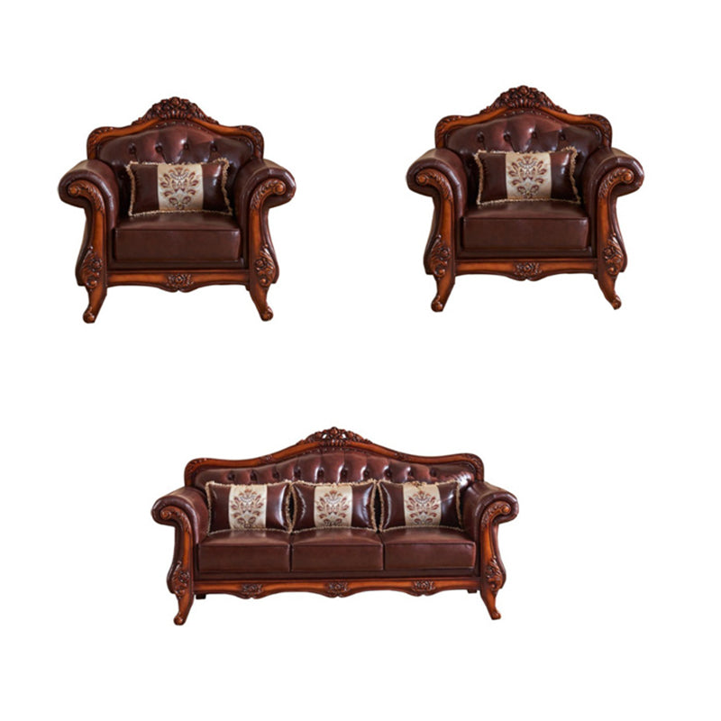 Genuine Leather  Sofa Tufted Split-Back Rolled Arm Sofa in Brown