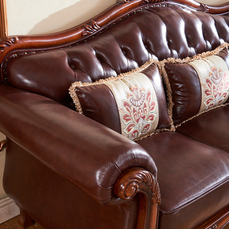 Genuine Leather  Sofa Tufted Split-Back Rolled Arm Sofa in Brown