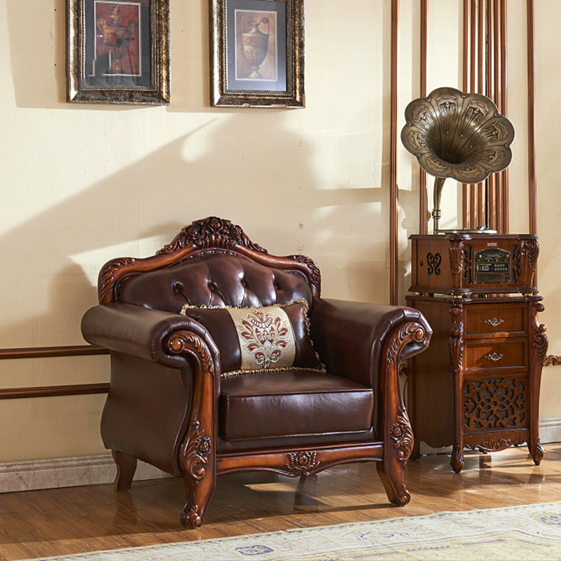 Genuine Leather  Sofa Tufted Split-Back Rolled Arm Sofa in Brown