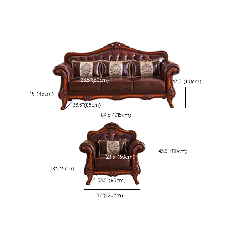 Genuine Leather  Sofa Tufted Split-Back Rolled Arm Sofa in Brown