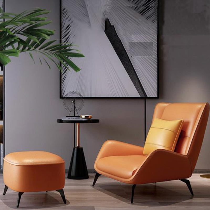 Modern Pillow Back Chair Genuine Leather Upholstered ArmChair in Orange