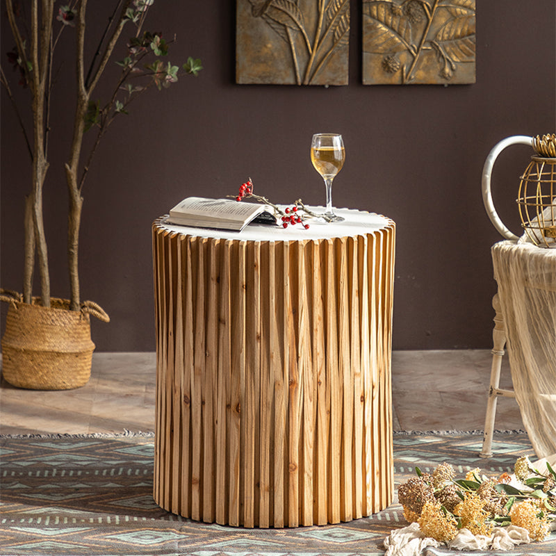 Rustic Drum Side Table Solid Wood Round End Table in Distressed Finish