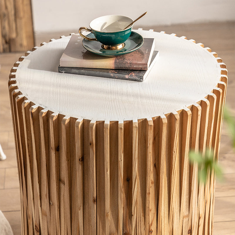 Rustic Drum Side Table Solid Wood Round End Table in Distressed Finish
