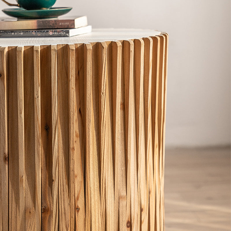 Rustic Drum Side Table Solid Wood Round End Table in Distressed Finish