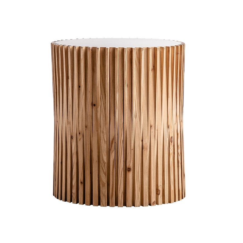 Rustic Drum Side Table Solid Wood Round End Table in Distressed Finish