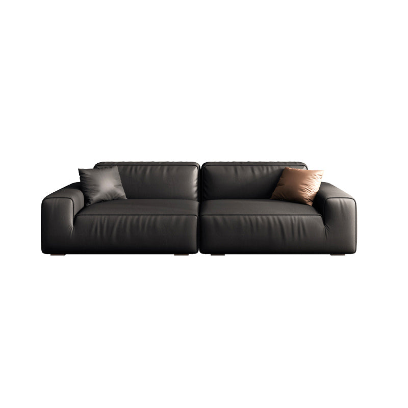 Industrial Black Genuine Leather Cushions Square Arm Living Room Settee