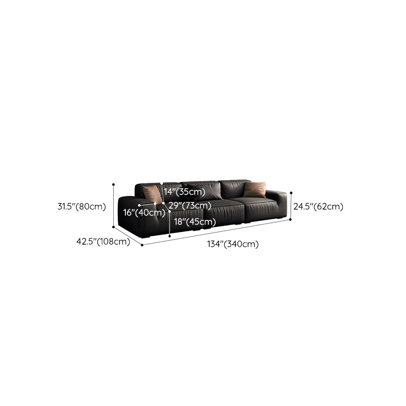 Industrial Black Genuine Leather Cushions Square Arm Living Room Settee