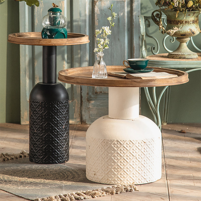 Wood Pedestal Side Table Rustic Round End Table in Distressed Finish