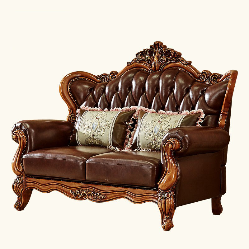 Ornate Traditional Tufted Split-Back Seating Flared Arm Sofa with Pillows in Brown