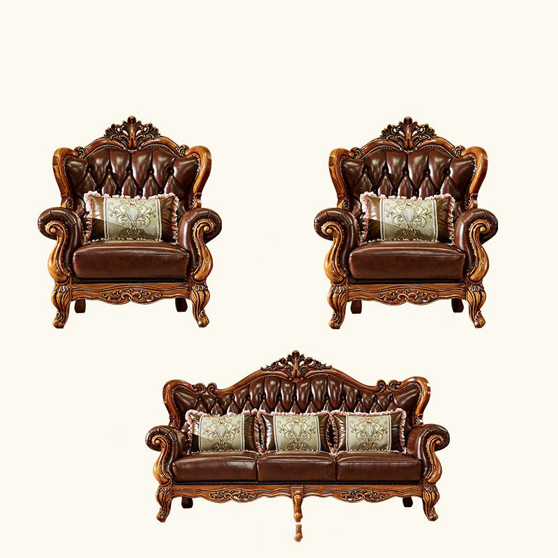 Ornate Traditional Tufted Split-Back Seating Flared Arm Sofa with Pillows in Brown