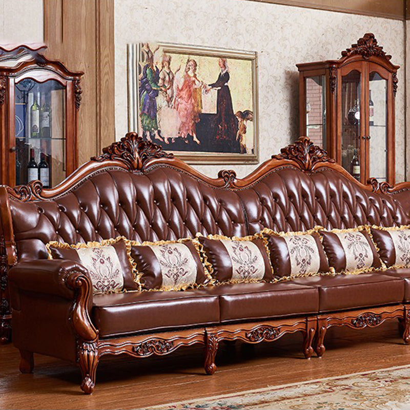 Ornate Traditional Tufted Split-Back Seating Flared Arm Sofa with Pillows in Brown