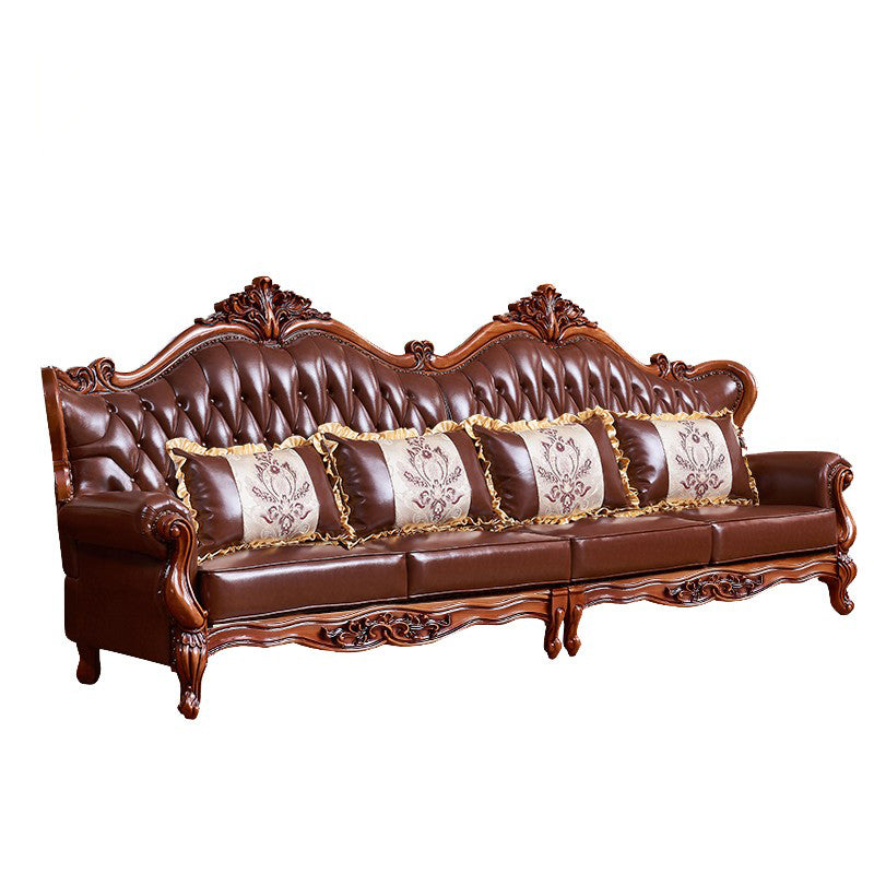 Ornate Traditional Tufted Split-Back Seating Flared Arm Sofa with Pillows in Brown